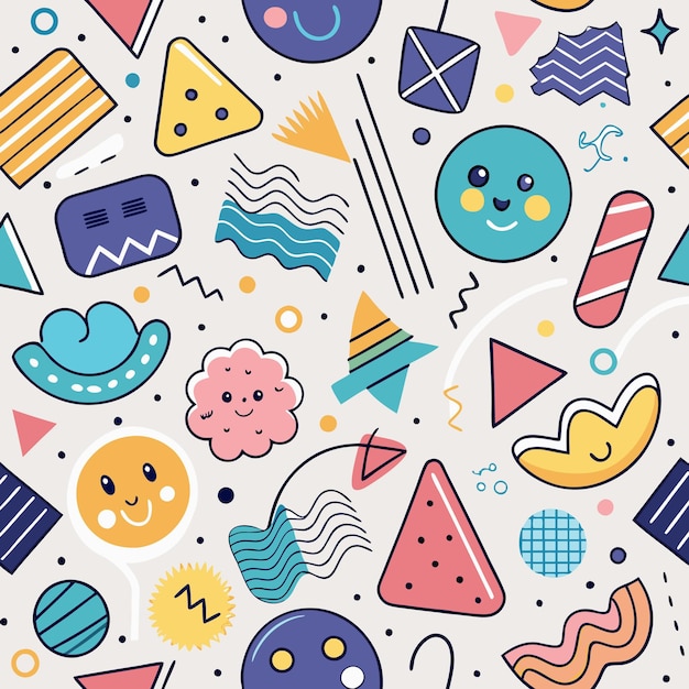 Cute Geometric Shapes with Smiley Faces Seamless Pattern