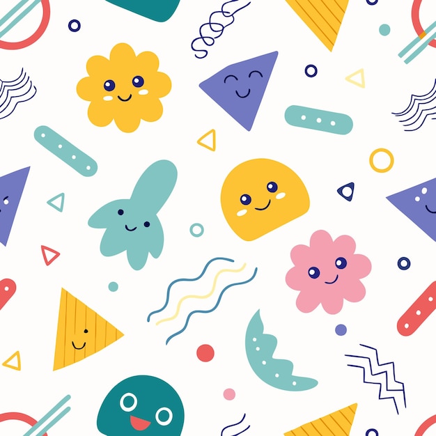 Cute Geometric Shapes with Smiling Faces Seamless Pattern