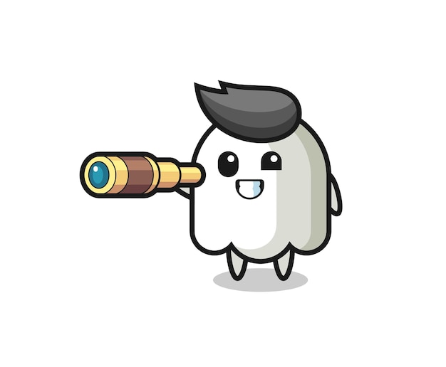 Cute ghost character is holding an old telescope