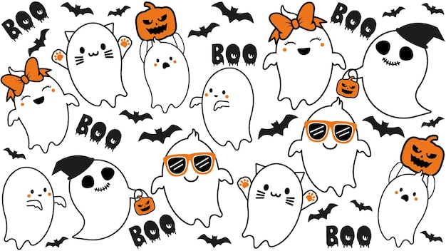 Cute ghost Collection with Pumpkin and Bat Halloween