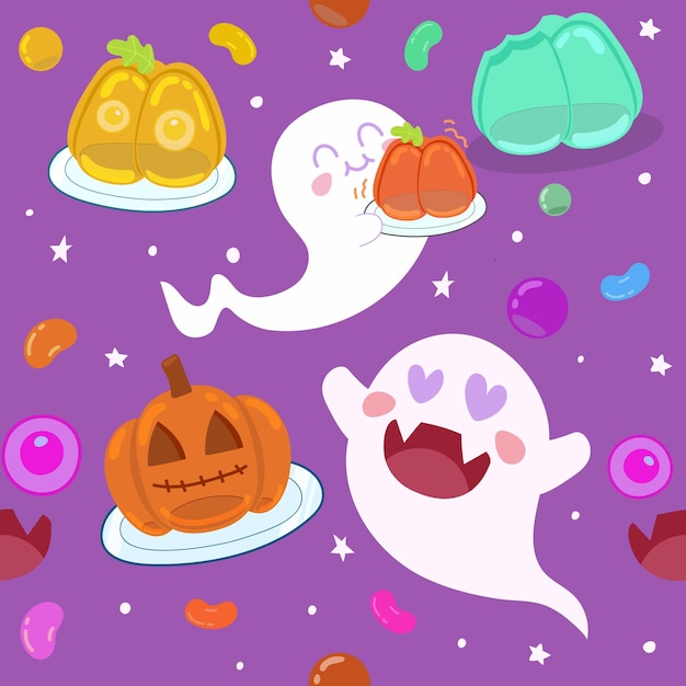 Cute Ghost doodle enjoy pumpkin jelly for Halloween Party.