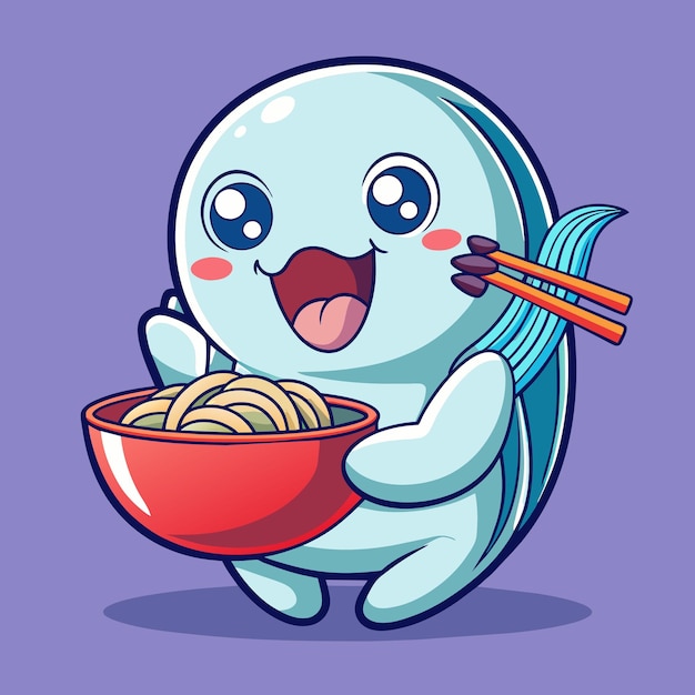 Cute Ghost Eating Ramen Noodle With Chopstick Cartoon Vector Icon Illustration Holiday Food Flat