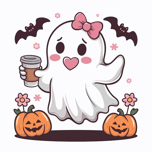 Cute ghost floating and holding a hot coffee bats flying and Orange pumpkins Illustration vector