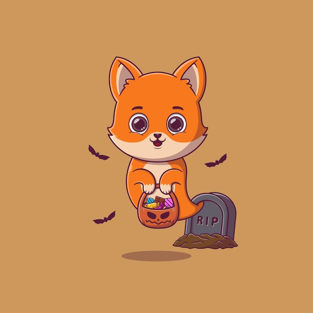 Cute ghost fox holding pumpkin basket full of candies