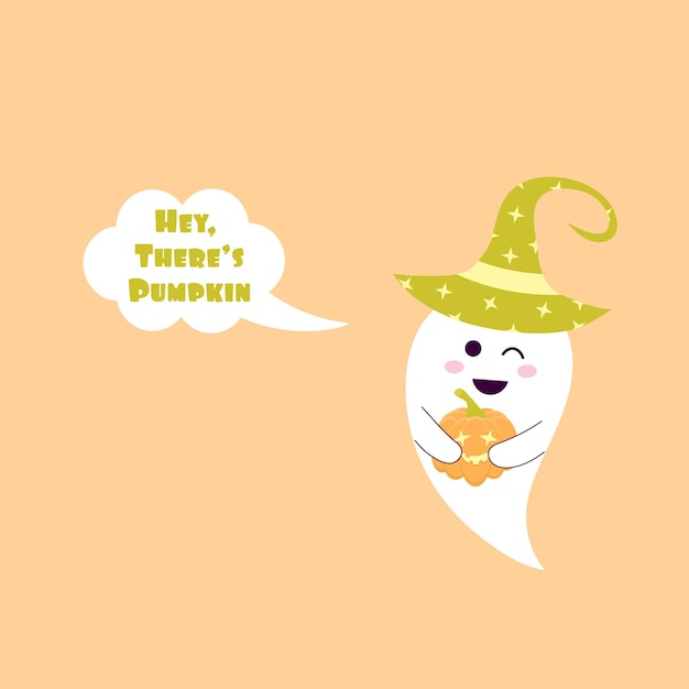 Cute ghost in a halloween hat with pumpkin and speech bubble Hey there is pumpkin