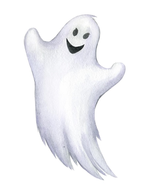 A cute ghost handdrawn in watercolor The symbol of the Halloween holiday made in cartoon style on an isolated background