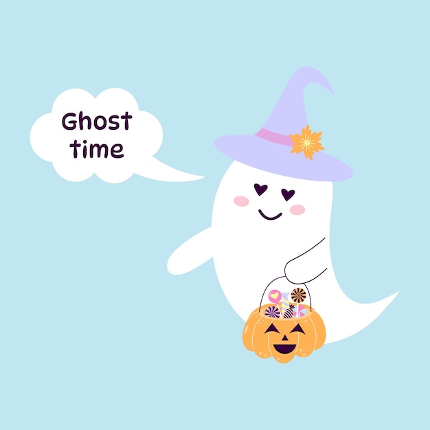 Cute ghost in a hat with pumpkin basket full of candies Speech bubble Ghost time Halloween card