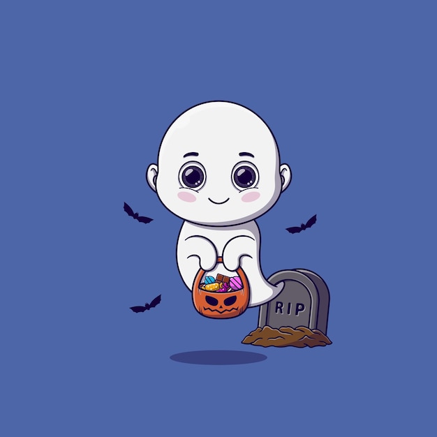 Cute ghost holding pumpkin basket full of candies