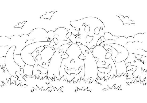 Cute ghost hugs pumpkins Coloring book page for kids Halloween theme