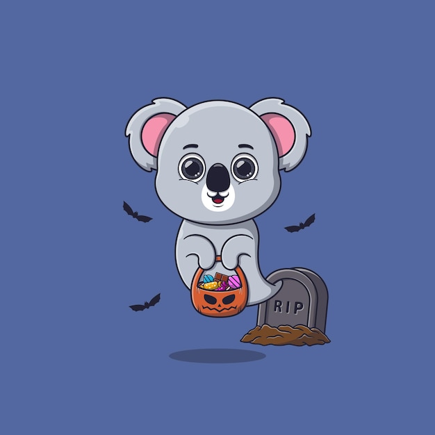 Cute ghost koala holding pumpkin basket full of candies