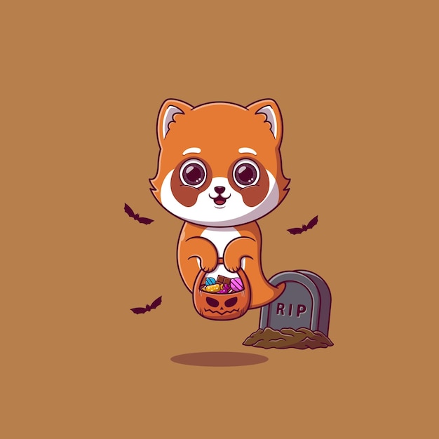 Cute ghost red panda holding pumpkin basket full of candies