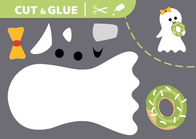 Cute ghost with donut Cut and glue Halloween Application work Paper game Vector