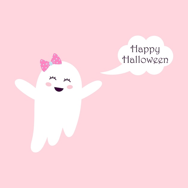 Cute ghost with a hair bow is flying. Speech bubble. Happy halloween. Halloween card.