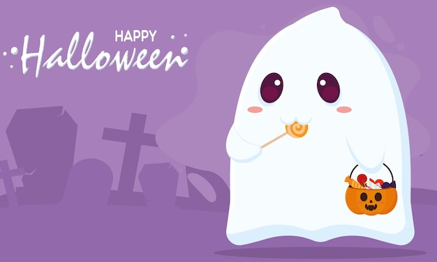 Cute ghost with jack o lantern on graveyard Halloween Vector illustration