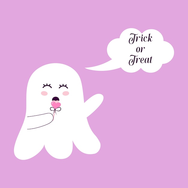 Cute ghost with a lollipop and speech bubble Trick or treat Halloween card