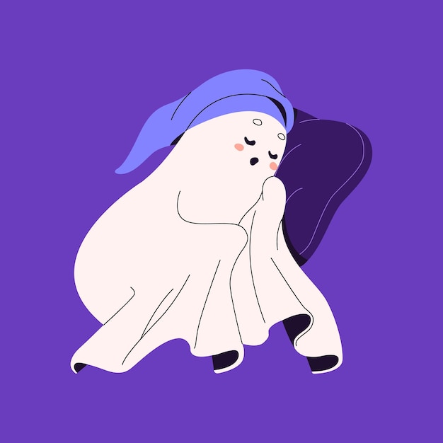 Vector cute ghost with night hat sleep halloween spook lying on pillow tired phantom in nightcap rest friendly spirit nap dream helloween white shadow flying flat isolated vector illustration