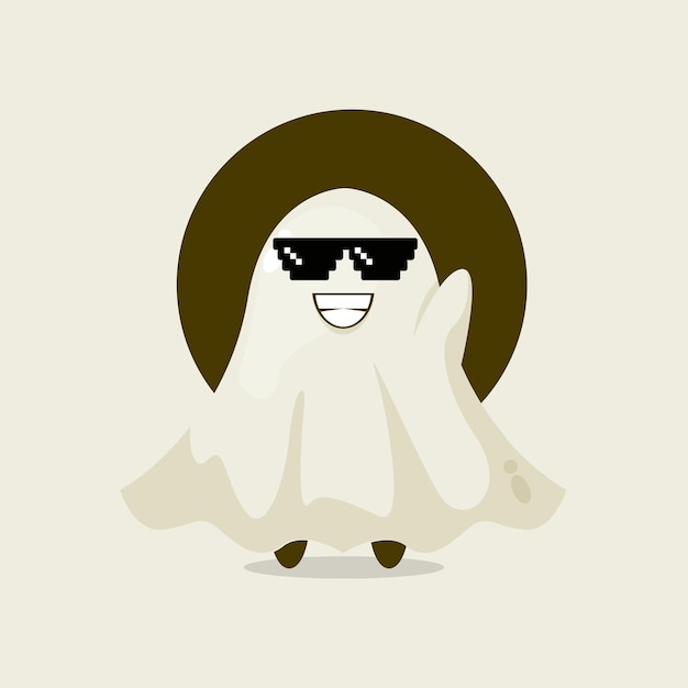 Cute ghost with pixel glasses cartoon illustration