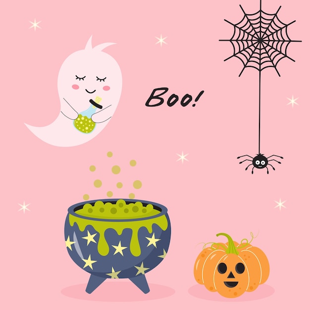 Cute ghost with potion cauldron with bubbles black spider and spider web and halloween pumpkin