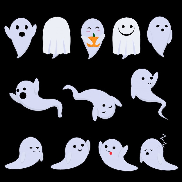 Cute ghosts have fun at the Halloween party - they dance, grimace, grimace