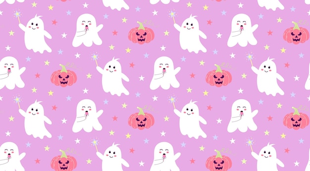 Cute ghosts with stars and pumpkin seamless pattern Halloween baby characters Magic scary spirits