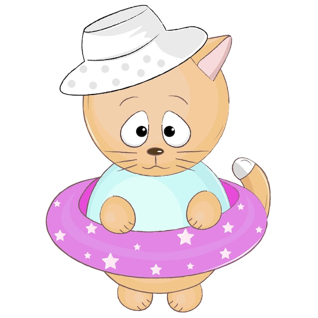 Cute ginger cat in a panama hat and with a swim ring