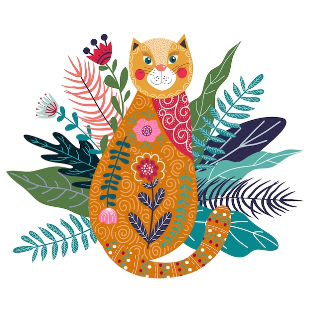 Cute ginger cat with flower and leaves