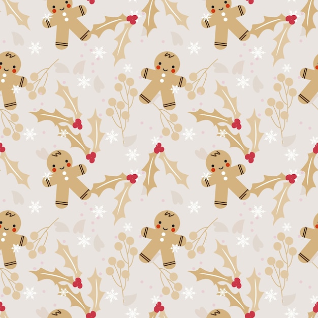 Cute gingerbread and Christmas flower seamless pattern