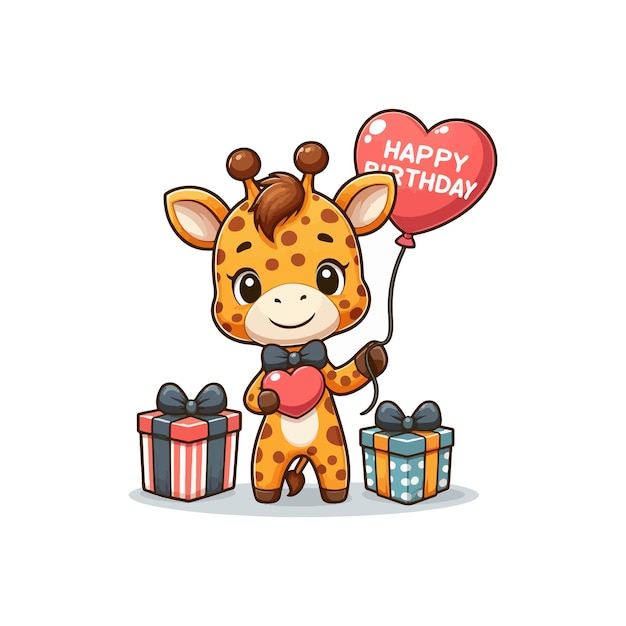 Vector cute giraffe birthday party holding heart balloon cartoon vector icon illustration animal holiday