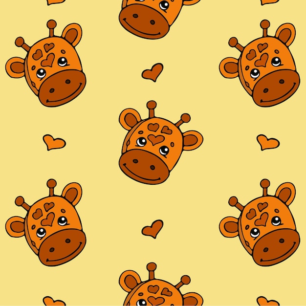 Cute Giraffe Cartoon Seamless Pattern for kids with giraffe head and hearts Premium Vector