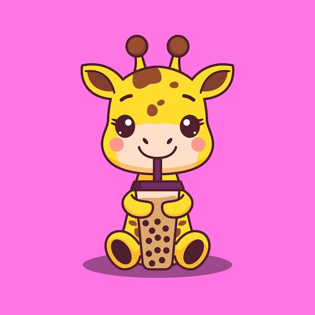 Cute giraffe drinking boba milk tea cartoon vector illustration