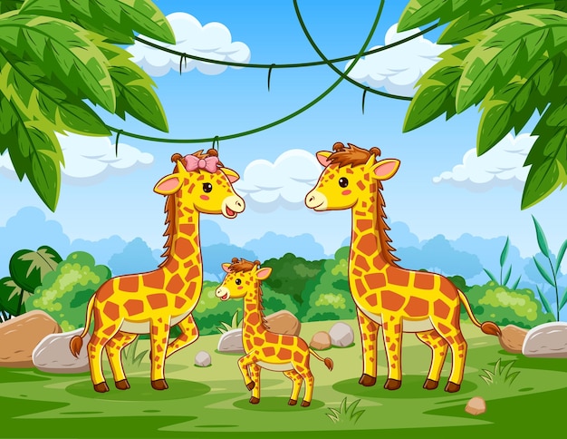 Cute Giraffe in the Jungle Cartoon. Vector Cartoon Illustration