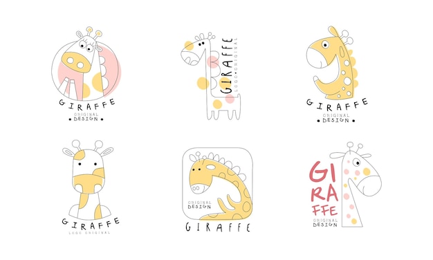 Vector cute giraffe original design logo templates collection abstract hand drawn badges with cute wild