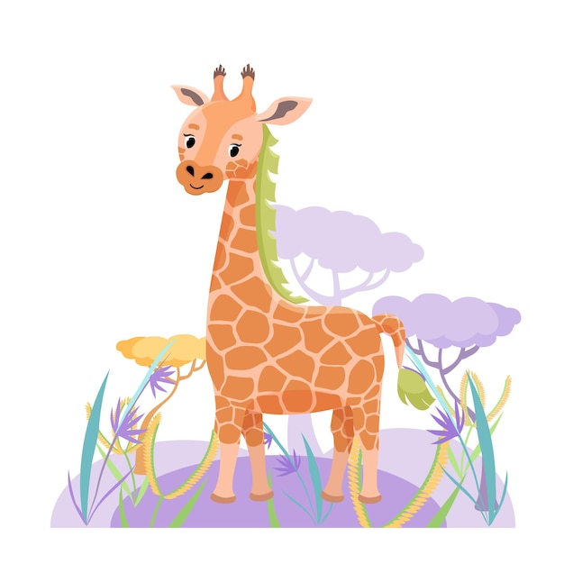 Cute giraffe in Savanna with flower and grass on white background. Vector illustration