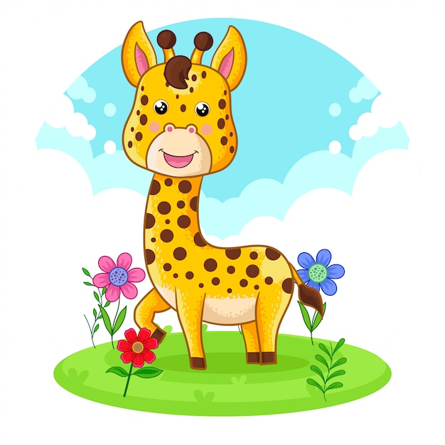 Cute giraffe standing on a flower meadow. 