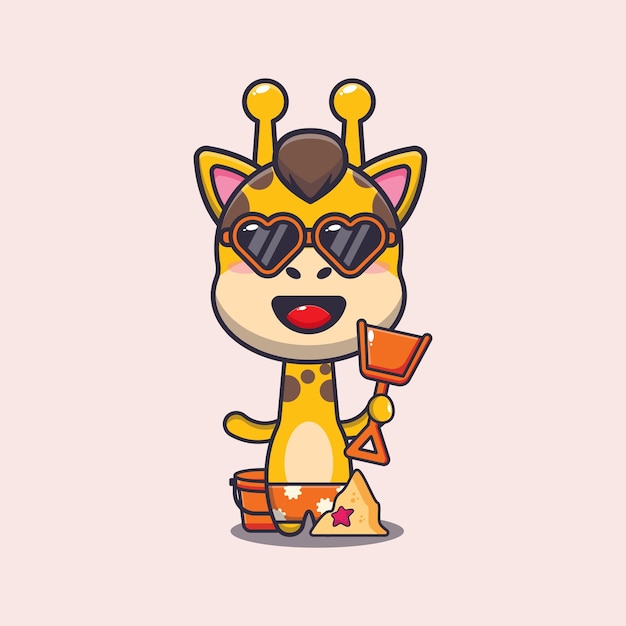 Cute giraffe in sunglasses play sand beach cartoon illustration.