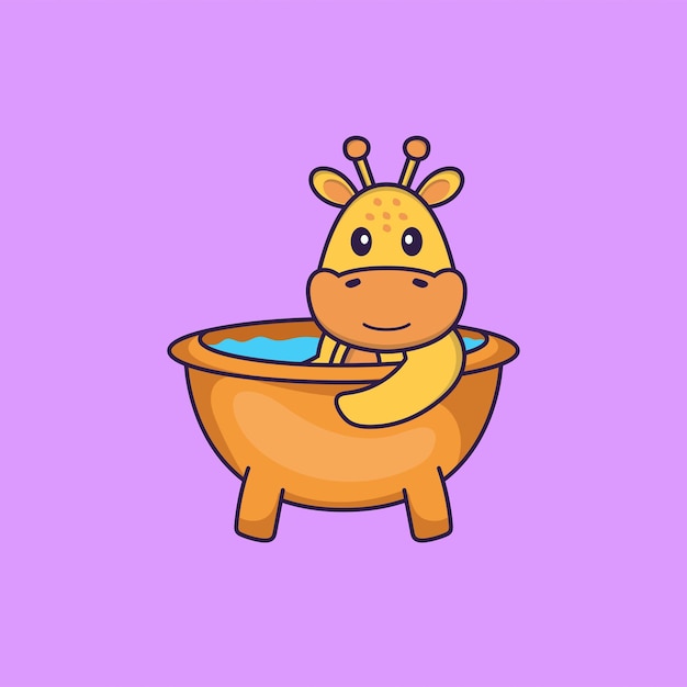 Cute giraffe taking a bath in the bathtub. Animal cartoon concept isolated.