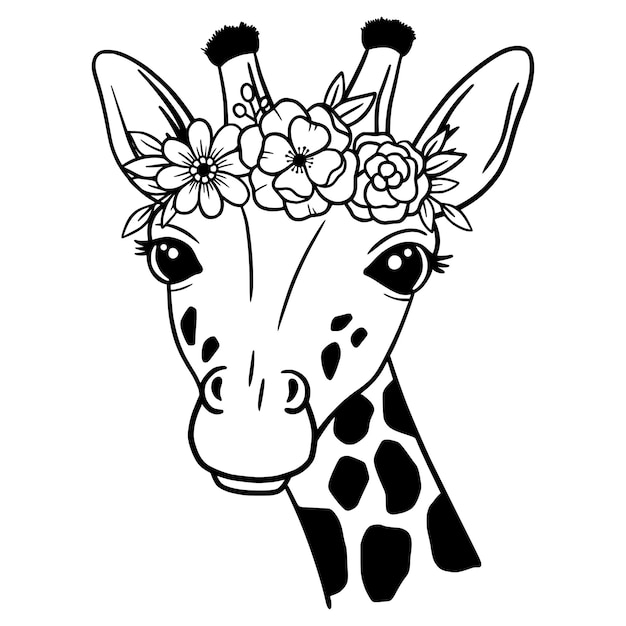 Cute Giraffe with flower crown Line Art Floral Giraffe sketch vector illustration