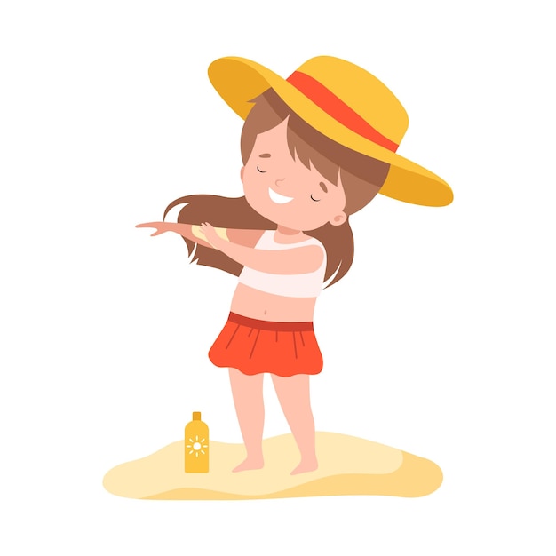 Cute Girl Applying Sunscreen at the Beach Kids Summer Holidays Activities Cartoon Vector Illustration