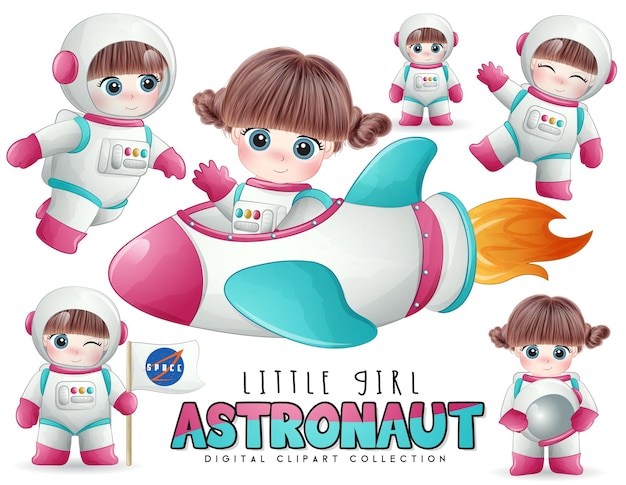 Cute girl astronaut poses in watercolor style illustration set