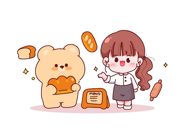 Cute girl baker and teddy bear with bread shop element hand drawn cartoon illustration