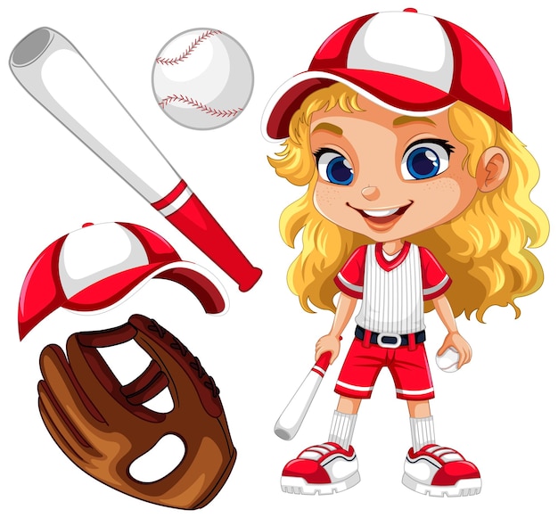 Cute Girl in Baseball Outfit with Baseball Sport Objects