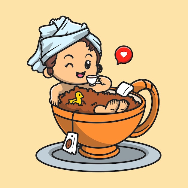 Cute Girl Bathing In Cup Tea Cartoon Vector Icon Illustration. People Drink Icon Concept Isolated Premium Vectors. Flat Cartoon Style