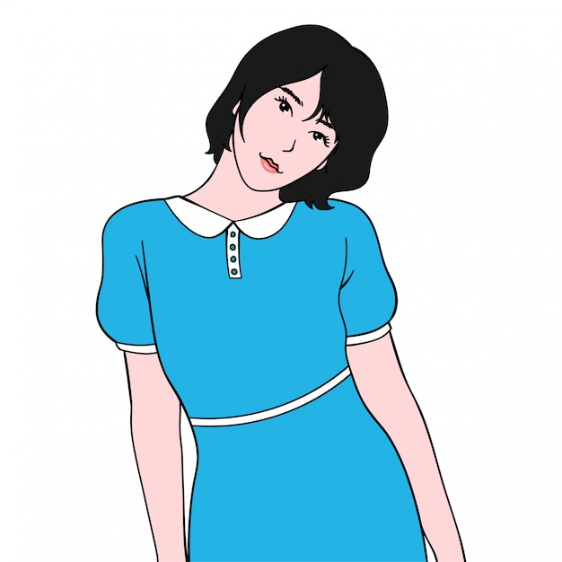 Cute Girl In Blue Dress, Flat Illustration Clip art