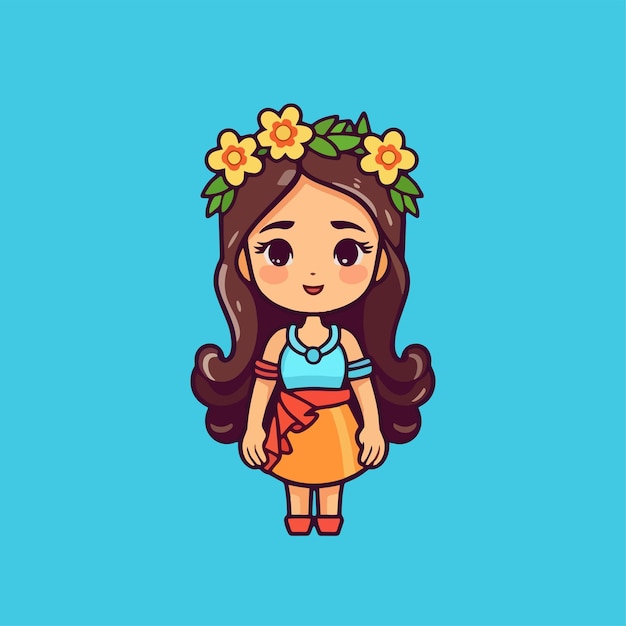 Cute girl in a blue dress with a flower on her head.