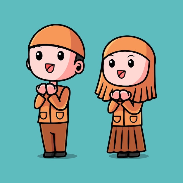 Cute Girl And Boy Moslem Celebrating Eid Mubarak Cartoon Vector Icon Illustration People Religion Icon Concept Isolated Premium Vector Flat Cartoon Style