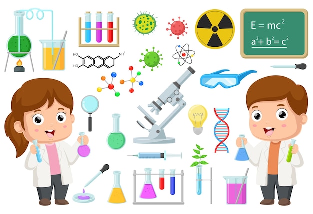 Cute girl and boy scientists with laboratory equipment elements