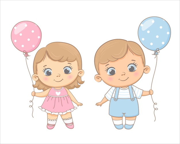 Cute girl and boy with balloons in their hands Vector illustration of a cartoon