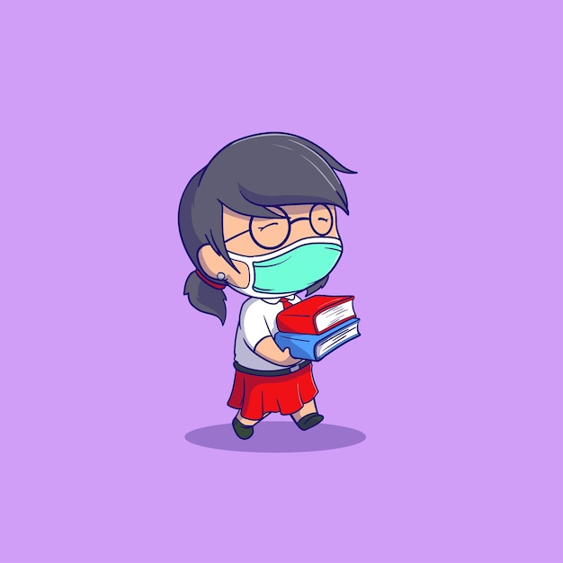 cute girl bring the books wearing a medical mask