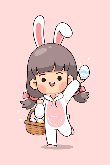 Cute girl in bunny suit with rabbit ears carry basket of easter eggs