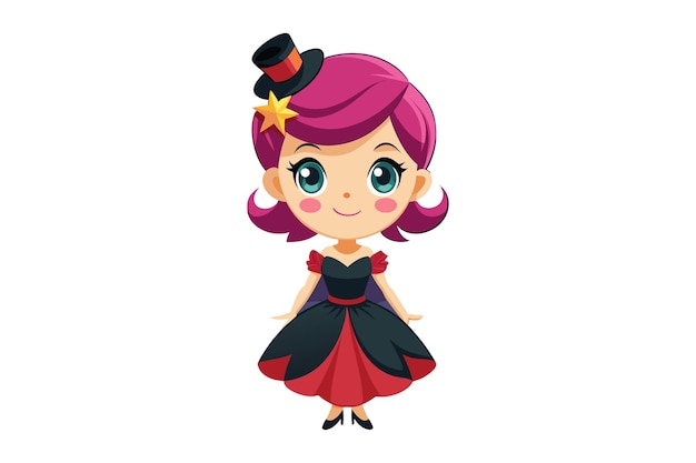 Cute Girl Cartoon Character in Fancy Cocktail Party Dress on white background